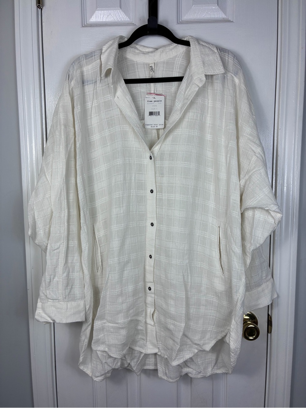 Free People Cream Lightweight Button-Down Oversized Shirt Large
